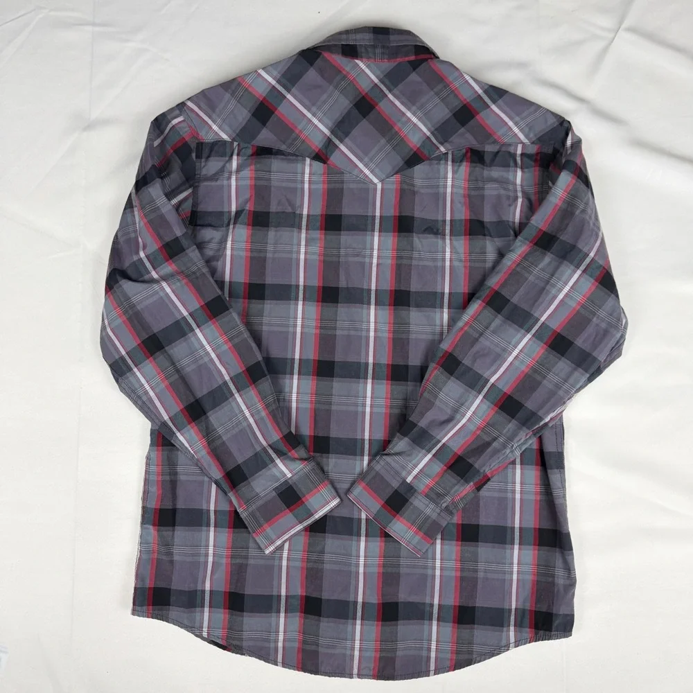 Coevals Club Mens Western Shirt Grey Red Black Plaid Snap Button Long Sleeve L